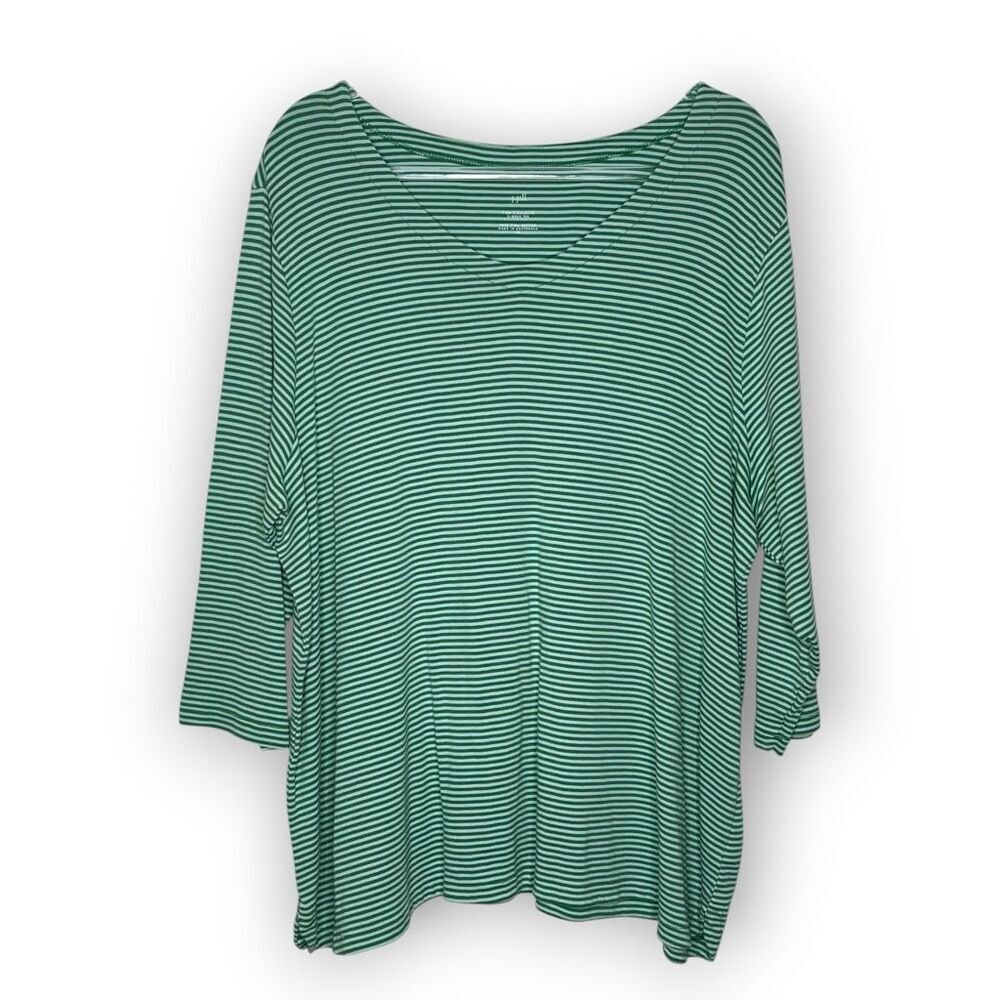 J. Jill Green Striped Pima Cotton 3/4 Sleeve V Neck Tee Top Shirt Womens Plus 3X